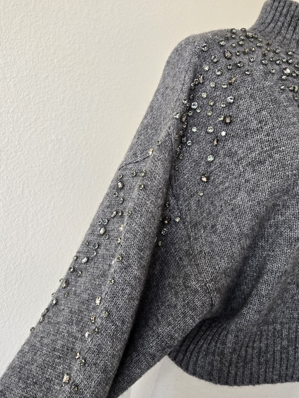 Zara Womens Rhinestones Embellished Knit Cropped Sweater Medium Wool Blend Gray - Picture 5 of 16